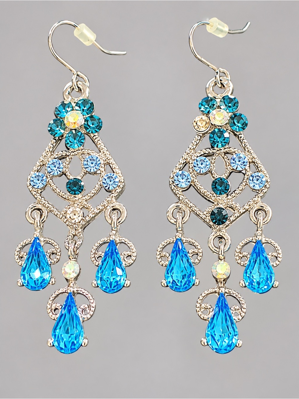 Vintage Blue Rhinestone Chandelier Earrings Silver Tone Dangle Drop